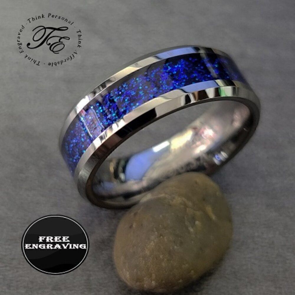 Personalized Men's Real Silver Tungsten Wedding Ring With Blue Galaxy Opal Inlay